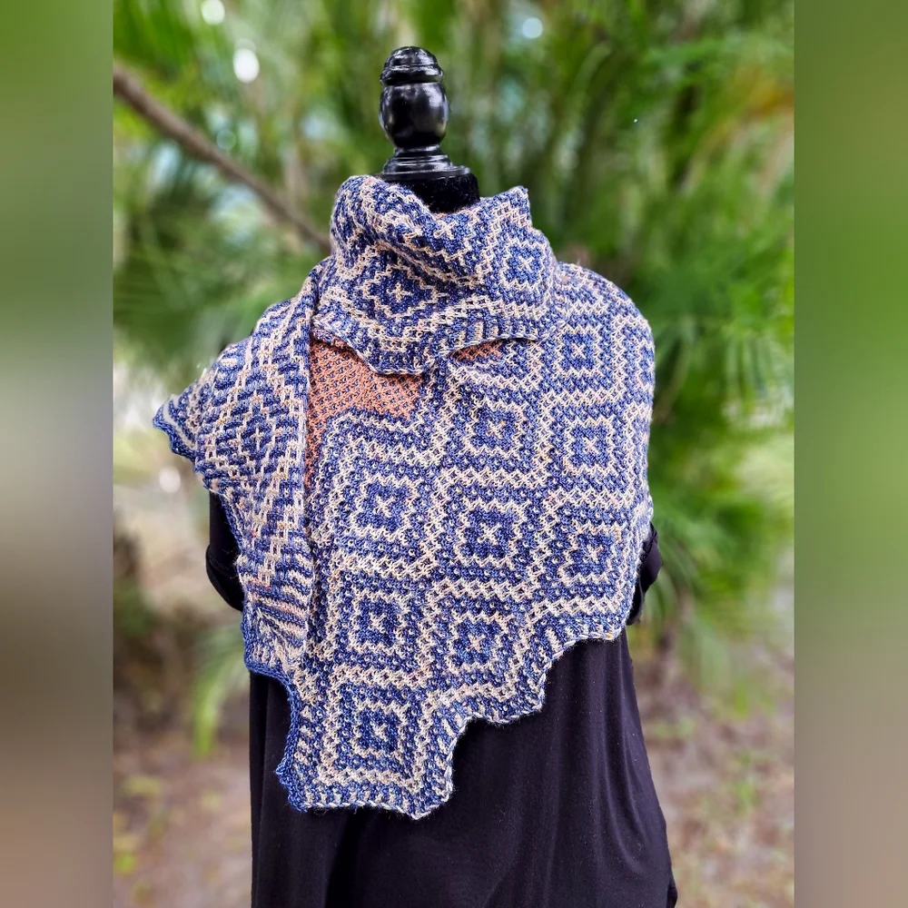 Hand Knit Shawl Blue Brown Beige Hand Dyed Yarn Mosaic Colorwork Soft Warm Cozy - Picture 5 of 16